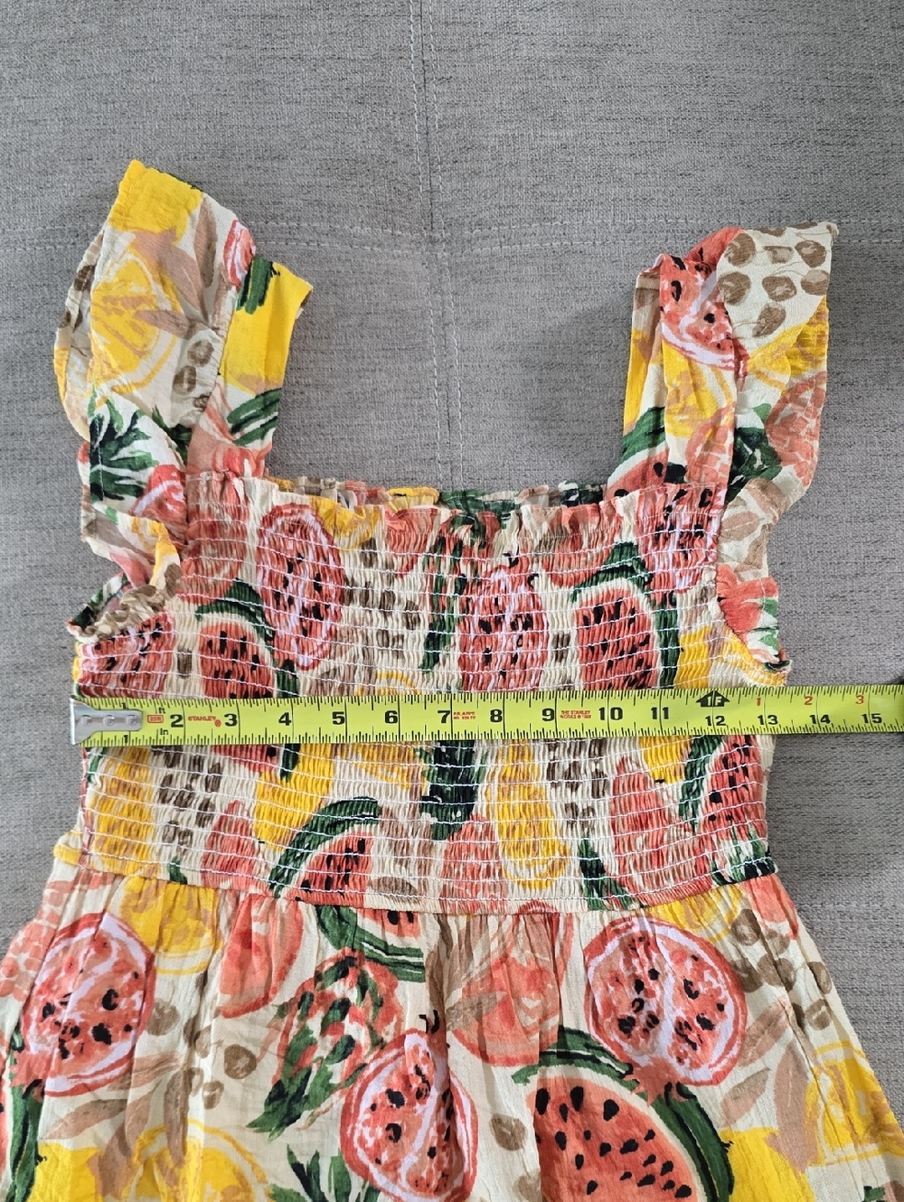 By The River Smocked Yellow & Pink Tropical Fruit Midi Dress Sz Medium - Picture 3 of 8